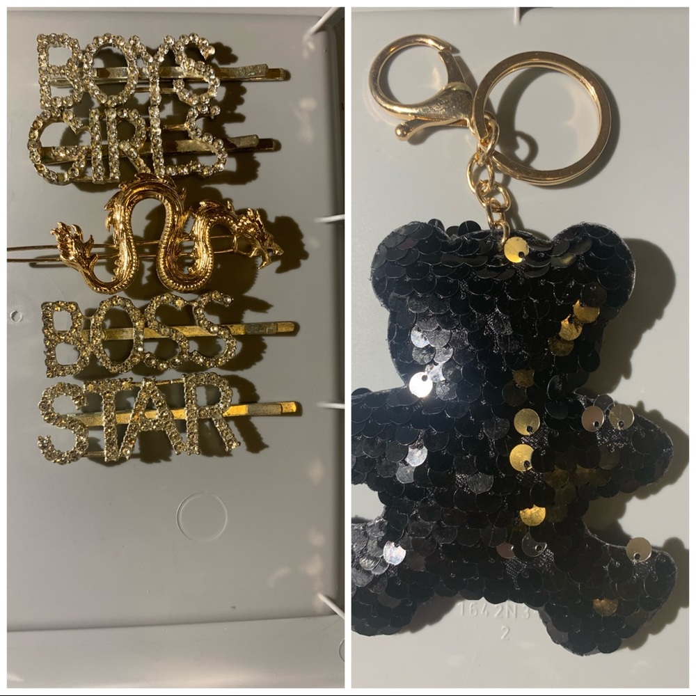 hair clips and a black bear keychain new